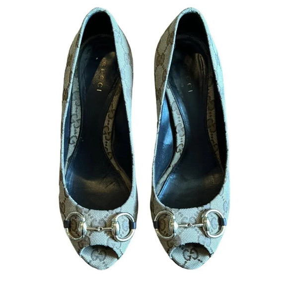 Gucci GG Monogram Canvas Open Toe Horsebit Pumps Beige Brown EU 37.5 US 7.5 - Picture 2 of 13